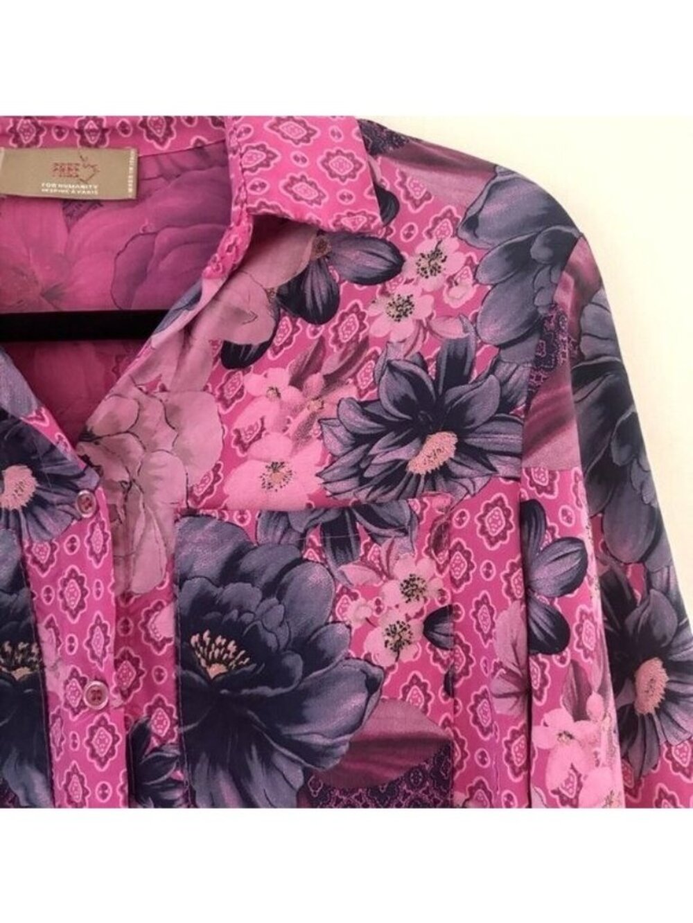 Free For Humanity Small Blouse Button Down Mixed Floral Twee Roll Tab Barbie Fun - Picture 2 of 16